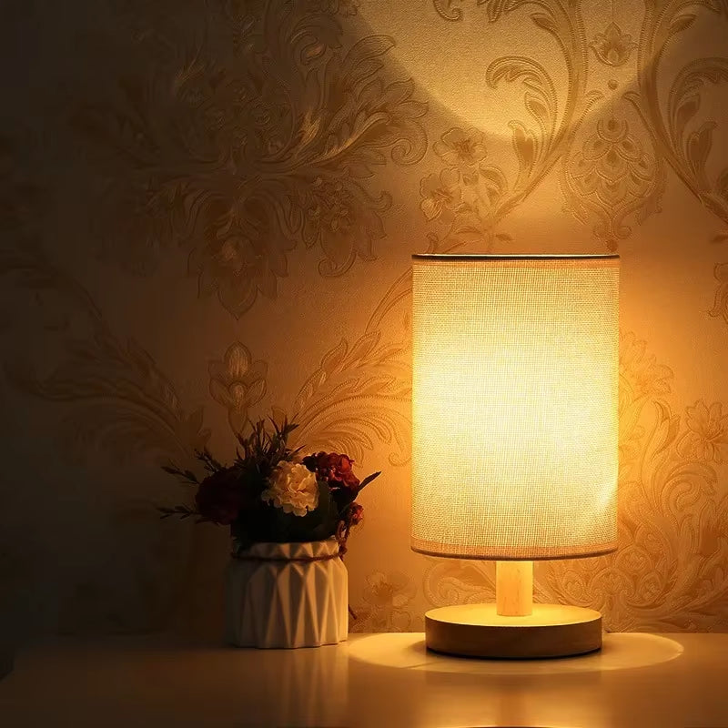 Solid Wood Night Lamp New Linen Table Lamp LED Desk Lamp Eye Protection Nightstand Lamp USB Powered beside Lamp Bedroom Decor