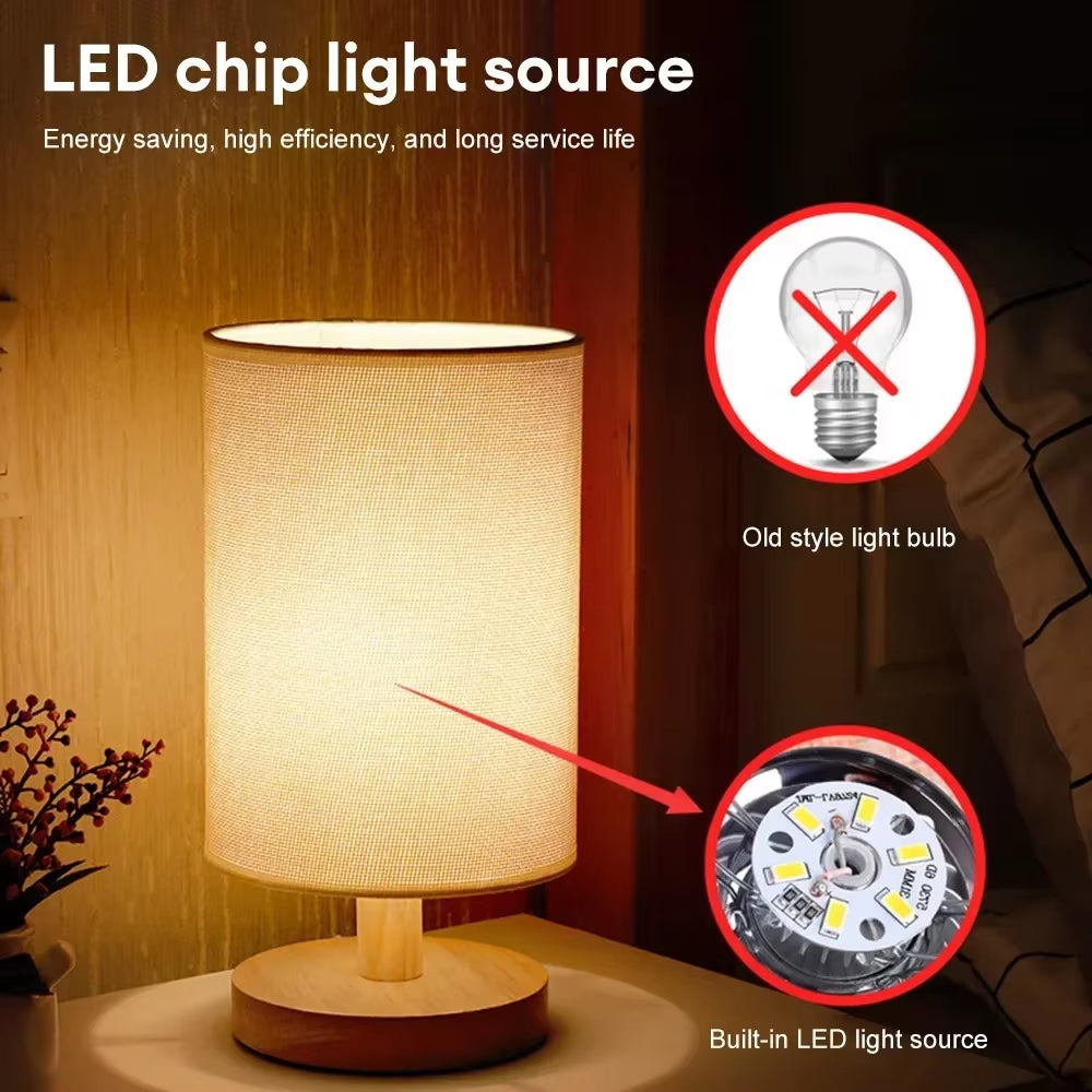 Solid Wood Night Lamp New Linen Table Lamp LED Desk Lamp Eye Protection Nightstand Lamp USB Powered beside Lamp Bedroom Decor