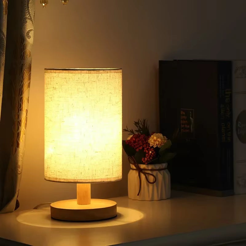 Solid Wood Night Lamp New Linen Table Lamp LED Desk Lamp Eye Protection Nightstand Lamp USB Powered beside Lamp Bedroom Decor